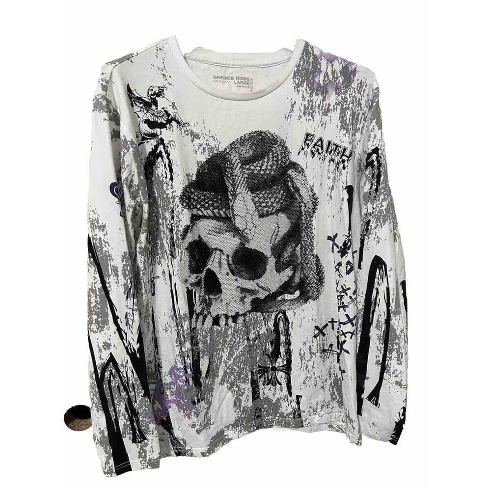 Smoke Rise NY Shirt Size Large 1991 White With Skull Design With Bling